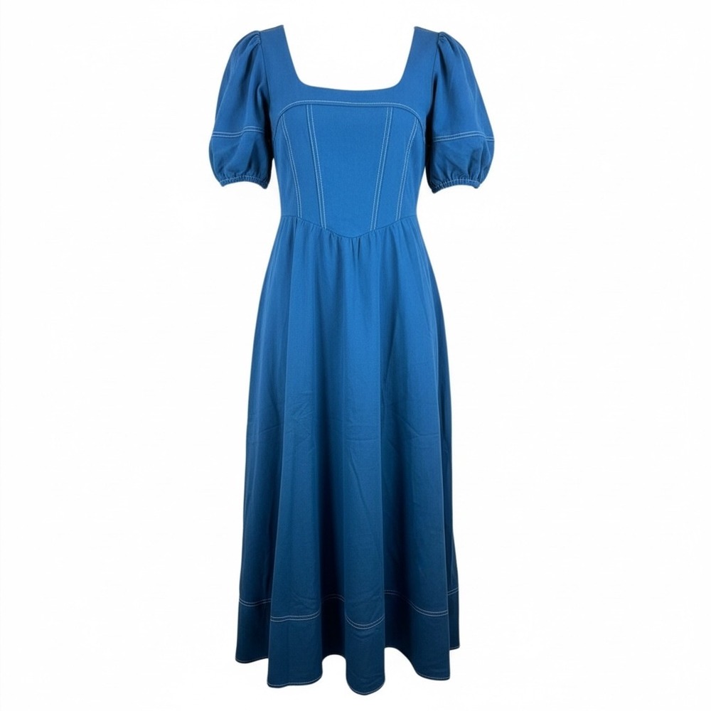 Moon River Royal Blue Midi dress cottage core puff sleeve milk maid Denim sz L